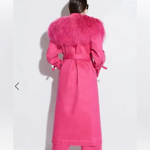 Lapointe Vibrant Pink Fur-Trimmed Trench Coat - Picture 5 of 6